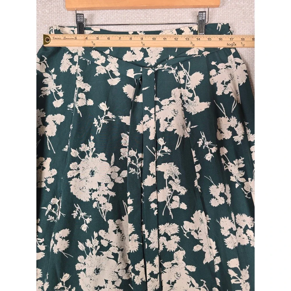Allegra K XL‎ Green Floral Midi Skirt A-Line Self Tie Belt Side Slit Womens